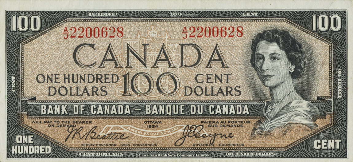 Front of Canada p72b: 100 Dollars from 1954