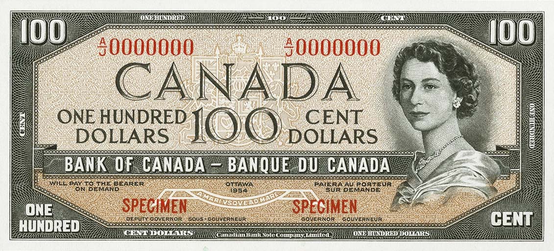 Front of Canada p72s: 100 Dollars from 1954