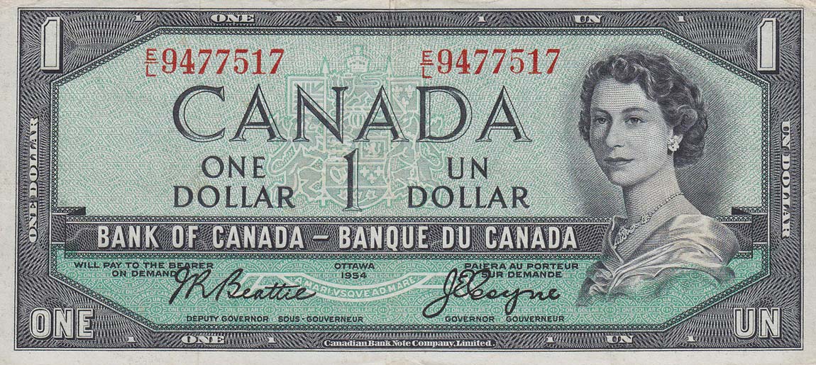 Front of Canada p74a: 1 Dollar from 1954