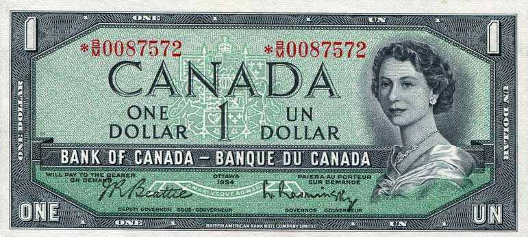 Front of Canada p74b: 1 Dollar from 1954