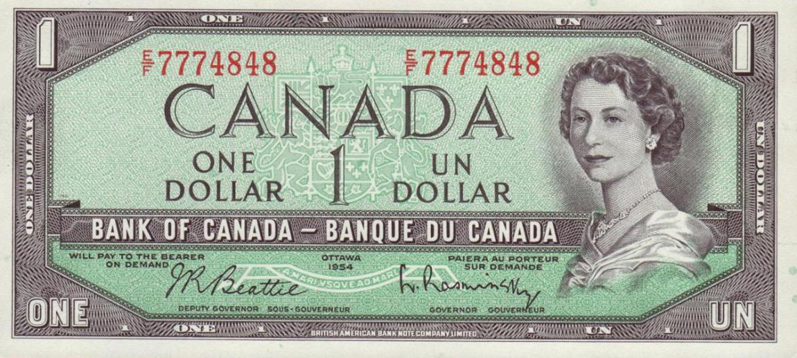 Front of Canada p75b: 1 Dollar from 1954