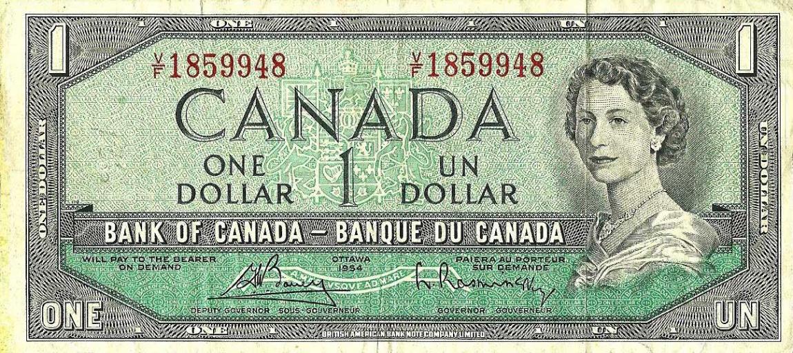Front of Canada p75c: 1 Dollar from 1954