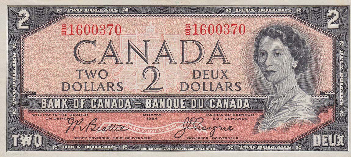 Front of Canada p76a: 2 Dollars from 1954