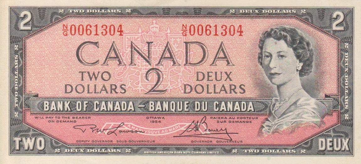 Front of Canada p76d: 2 Dollars from 1954