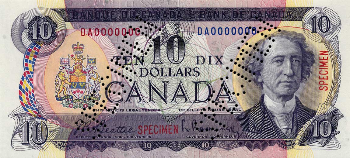 Front of Canada p88s: 10 Dollars from 1971