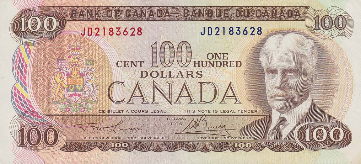 Front of Canada p91a: 100 Dollars from 1975