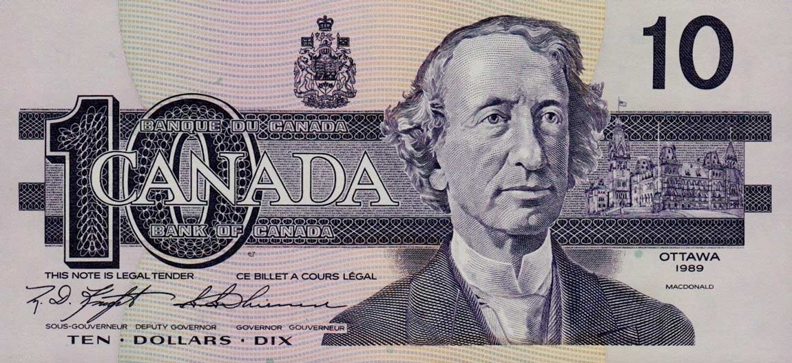 Front of Canada p96c: 10 Dollars from 1989