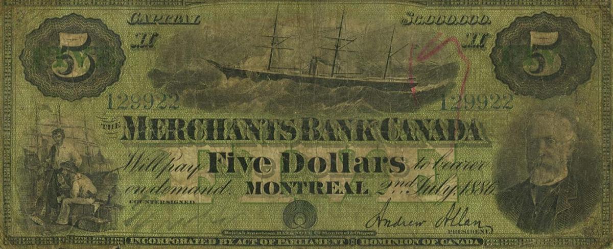 Front of Canada pS1152: 5 Dollars from 1886