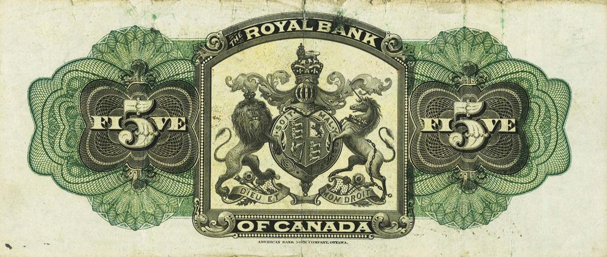 Back of Canada pS1371b: 5 Dollars from 1909