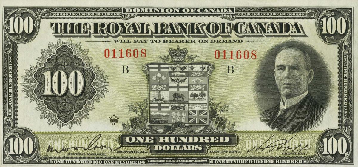 Front of Canada pS1387: 100 Dollars from 1927