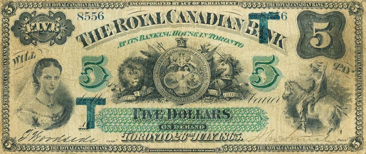 Front of Canada pS1944Ac: 5 Dollars from 1865