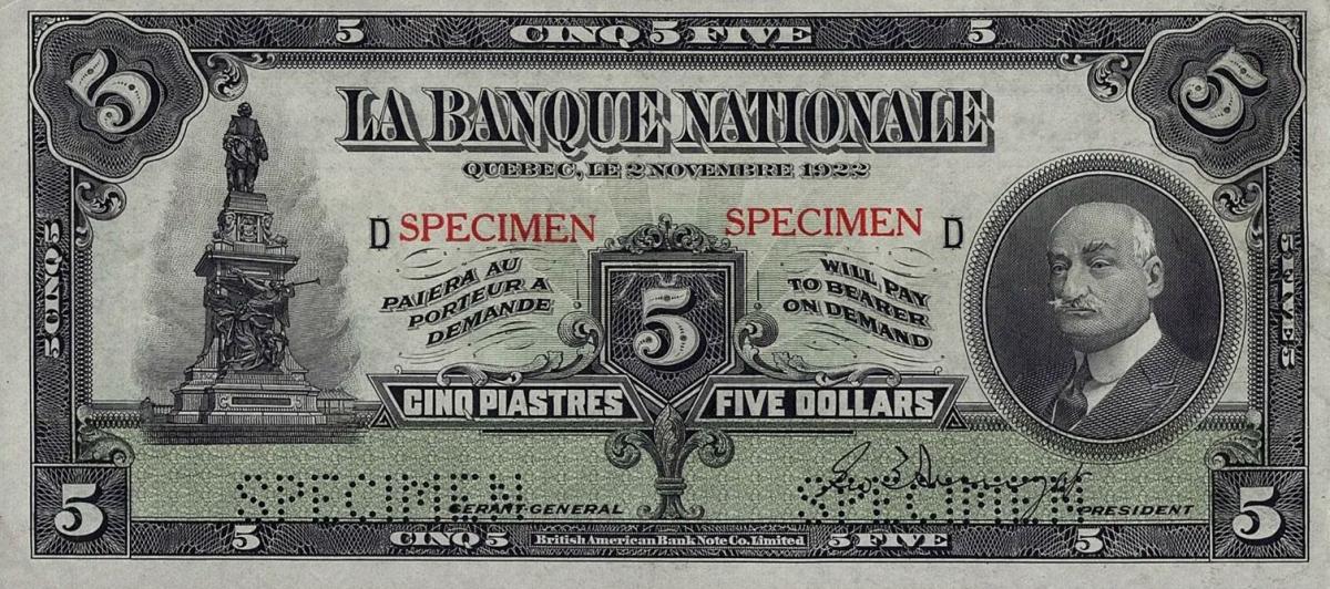 Front of Canada pS871s: 5 Dollars from 1922