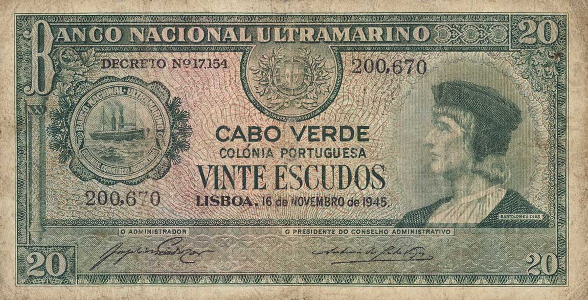 Front of Cape Verde p43a: 20 Escudos from 1945
