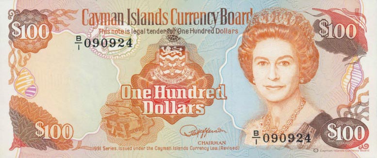 Front of Cayman Islands p15: 100 Dollars from 1991