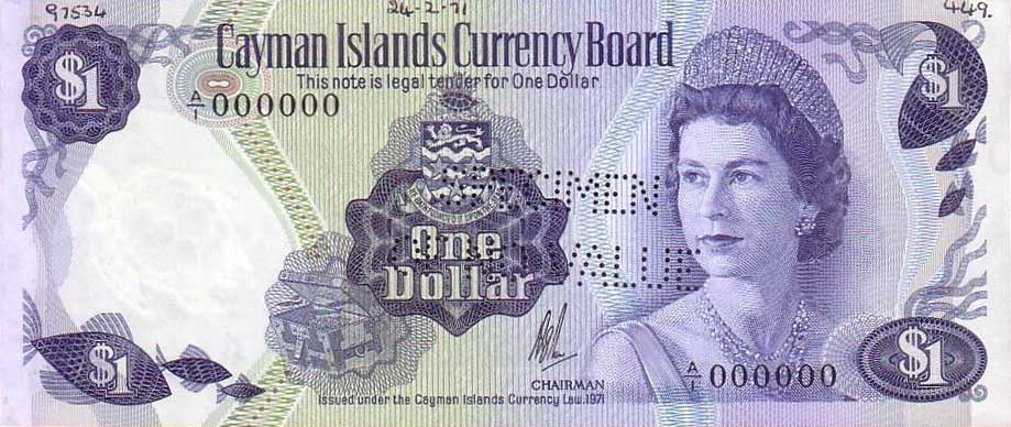 Front of Cayman Islands p1s: 1 Dollar from 1971
