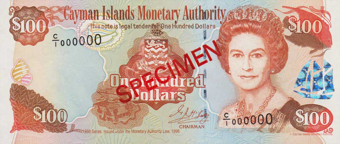 Front of Cayman Islands p25s: 100 Dollars from 1998