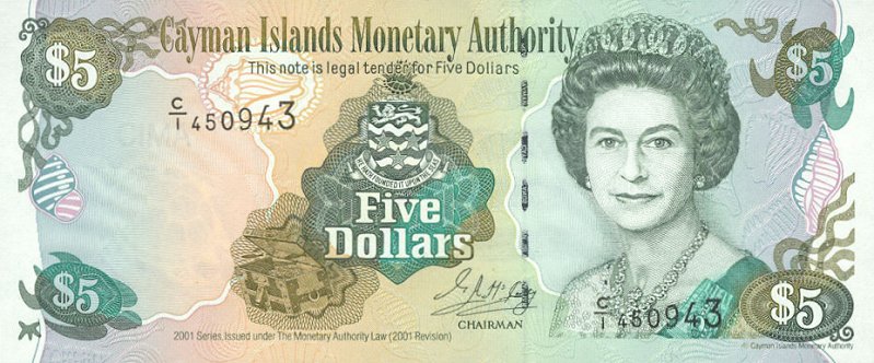 Front of Cayman Islands p27a: 5 Dollars from 2001