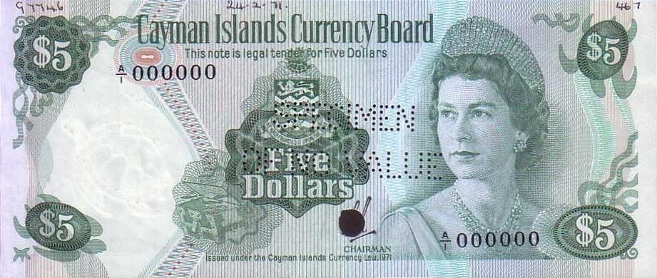 Front of Cayman Islands p2s: 5 Dollars from 1971