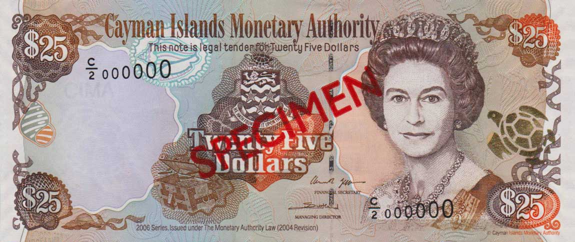 Front of Cayman Islands p36s: 25 Dollars from 2006