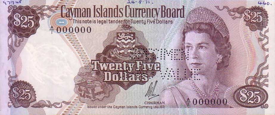 Front of Cayman Islands p4s: 25 Dollars from 1971