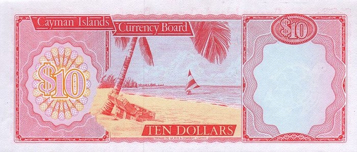 Back of Cayman Islands p7a: 10 Dollars from 1974