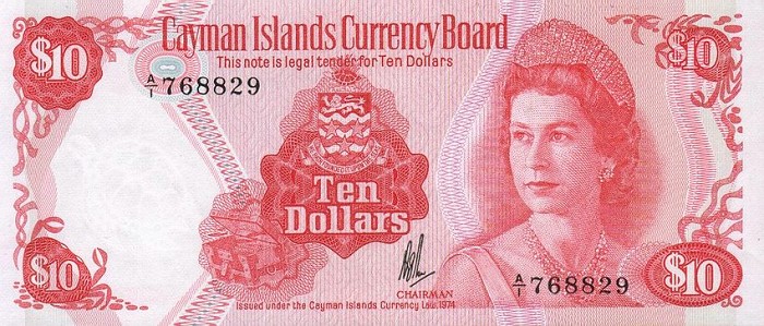 Front of Cayman Islands p7a: 10 Dollars from 1974