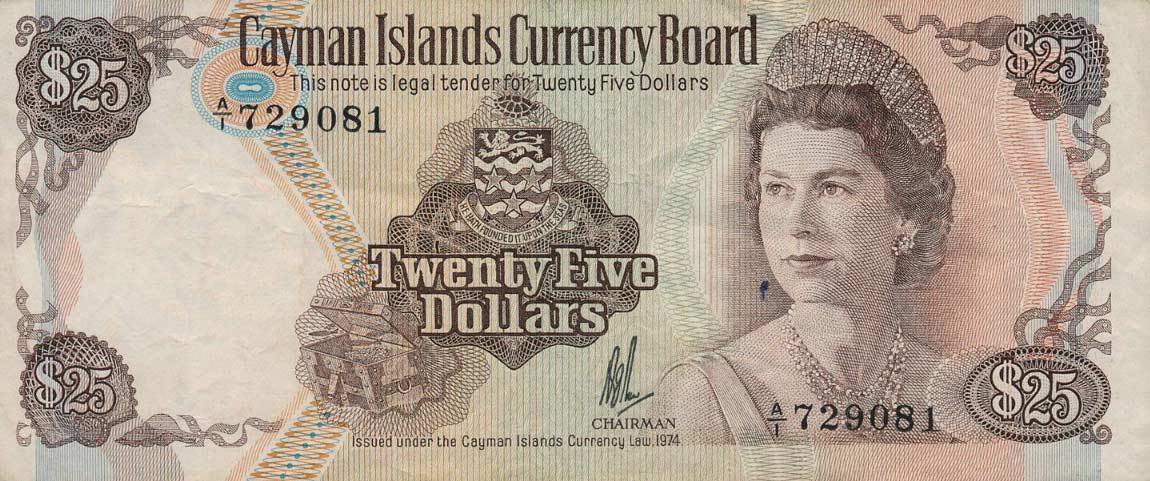 Front of Cayman Islands p8a: 25 Dollars from 1974