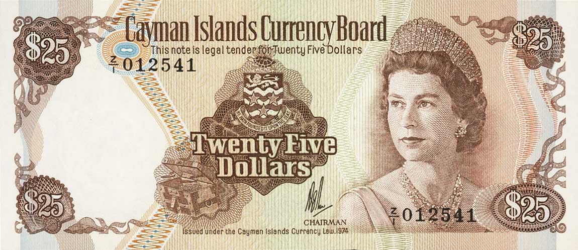Front of Cayman Islands p8r: 25 Dollars from 1974