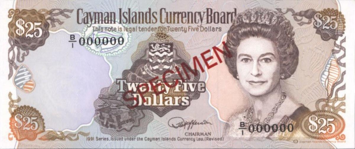 Front of Cayman Islands p14s: 25 Dollars from 1991