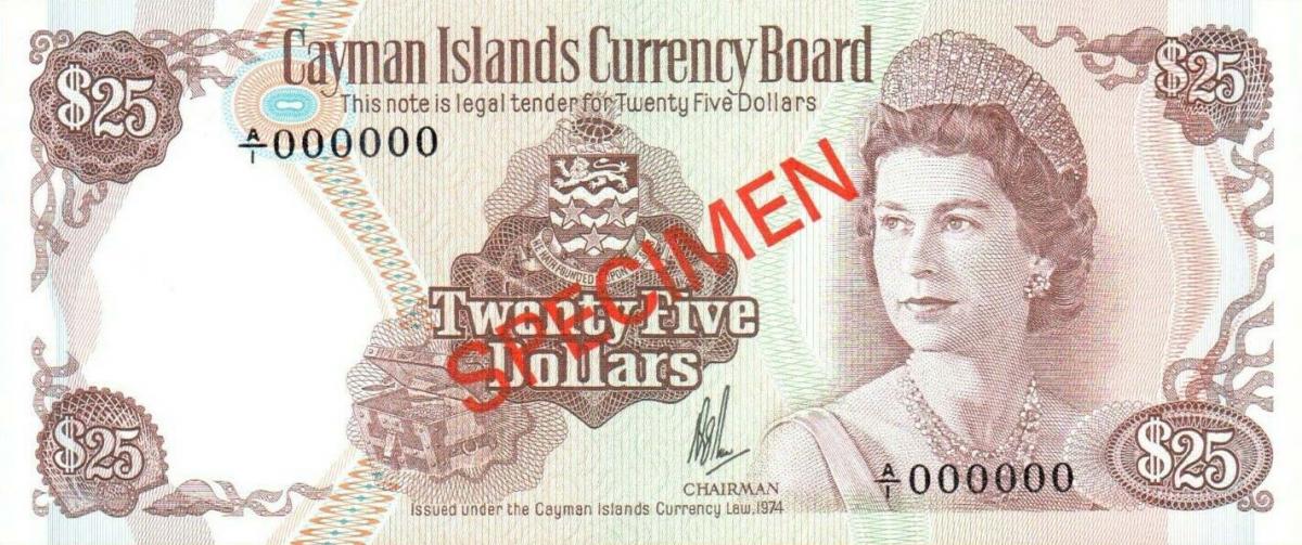 Front of Cayman Islands p8s: 25 Dollars from 1974