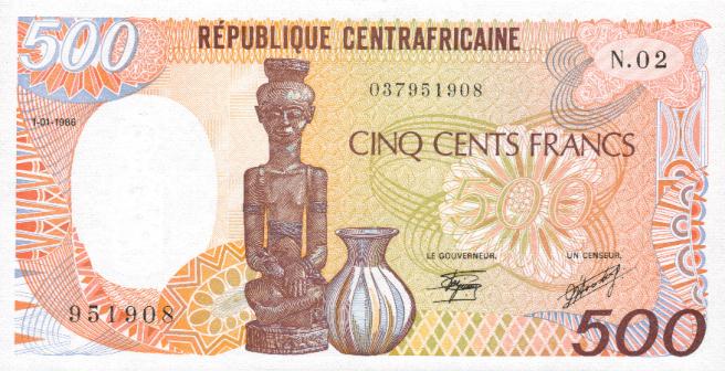 Front of Central African Republic p14b: 500 Francs from 1986