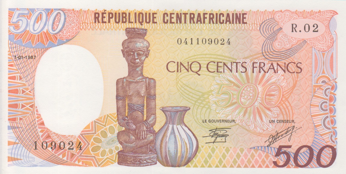 Front of Central African Republic p14c: 500 Francs from 1987