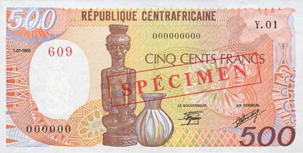Front of Central African Republic p14s: 500 Francs from 1985