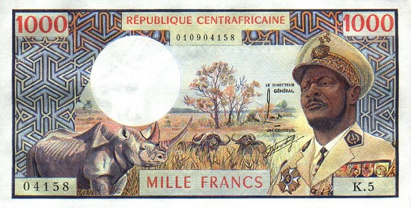 Front of Central African Republic p2: 1000 Francs from 1974