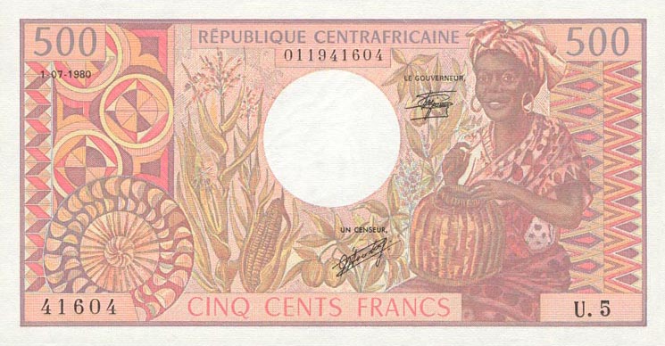 Front of Central African Republic p9: 500 Francs from 1980