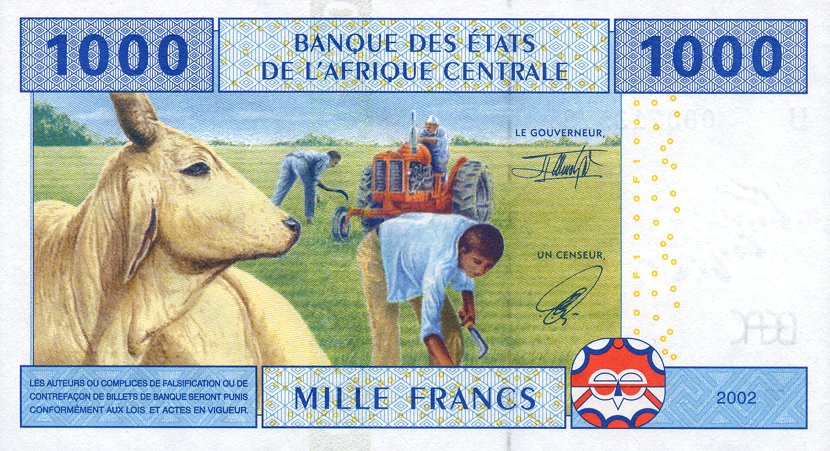 Back of Central African States p207Ua: 1000 Francs from 2002