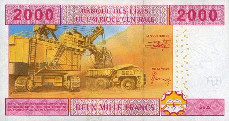 Back of Central African States p208Ub: 2000 Francs from 2002