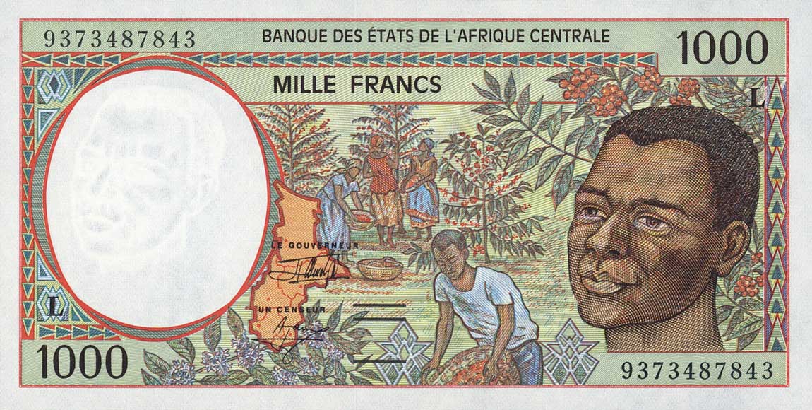 Front of Central African States p402La: 1000 Francs from 1993