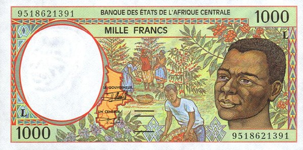 Front of Central African States p402Lc: 1000 Francs from 1995
