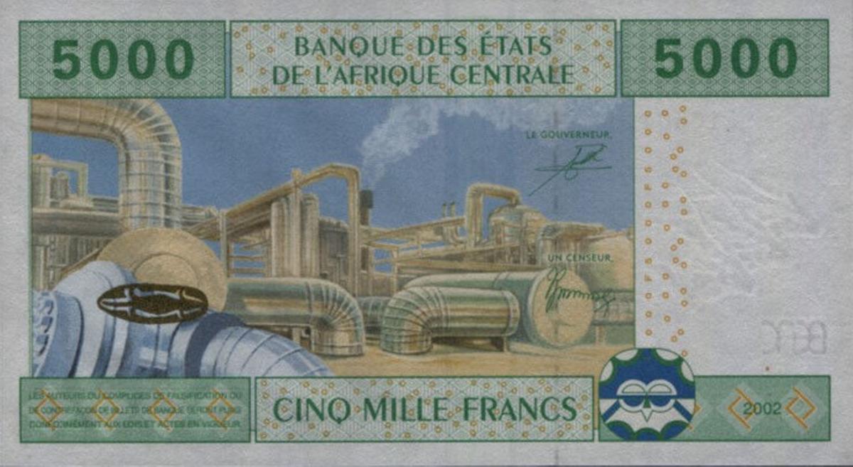 Back of Central African States p209Uc: 5000 Francs from 2002