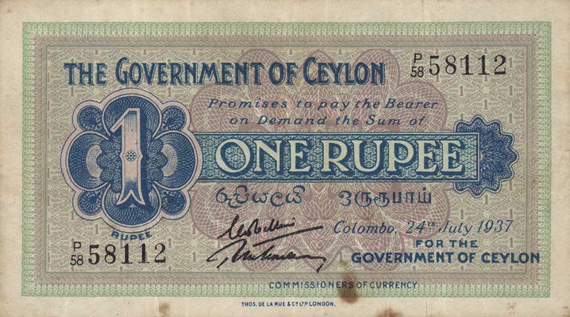 Front of Ceylon p16c: 1 Rupee from 1937