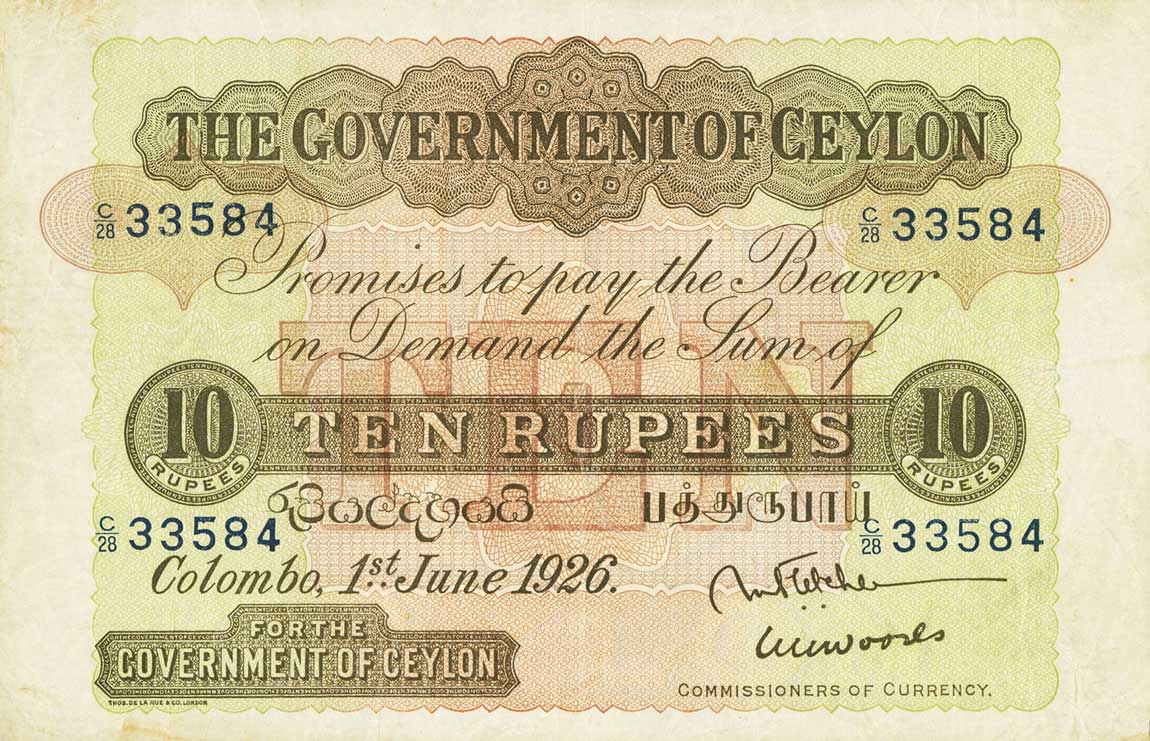 Front of Ceylon p24a: 10 Rupees from 1927