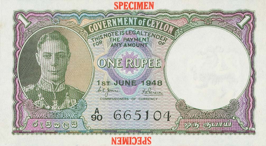 Front of Ceylon p34s: 1 Rupee from 1941