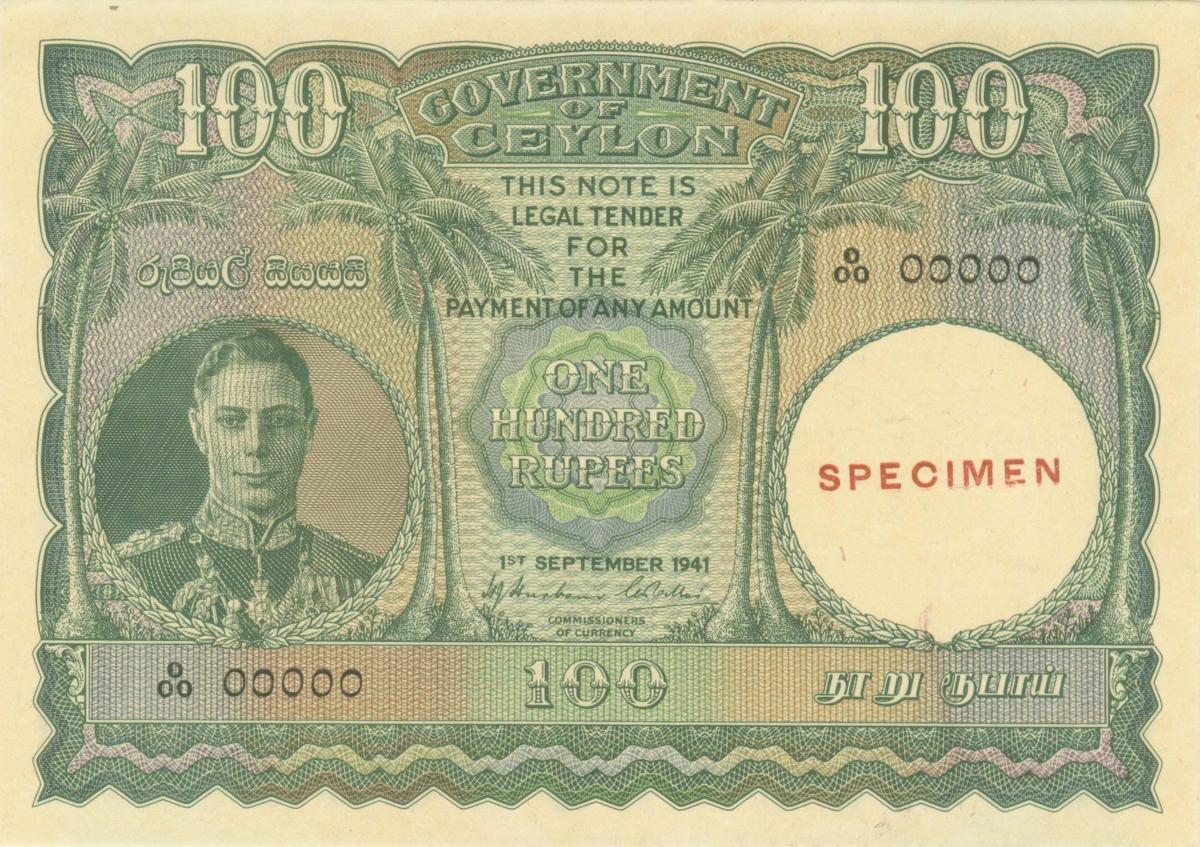 Front of Ceylon p38s: 100 Rupees from 1941