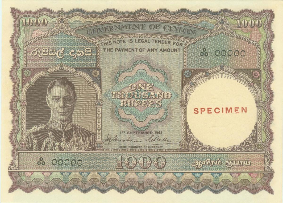 Front of Ceylon p39: 1000 Rupees from 1941