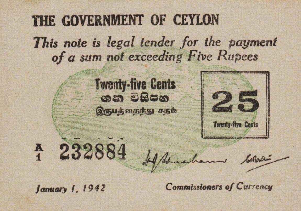 Front of Ceylon p40: 25 Cents from 1942