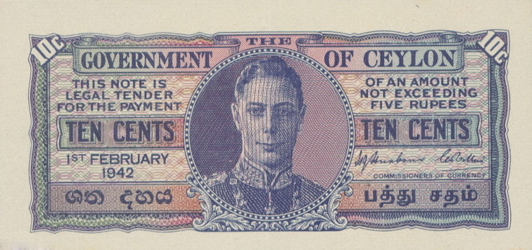Front of Ceylon p43a: 10 Cents from 1942