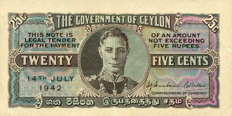 Front of Ceylon p44a: 25 Cents from 1942