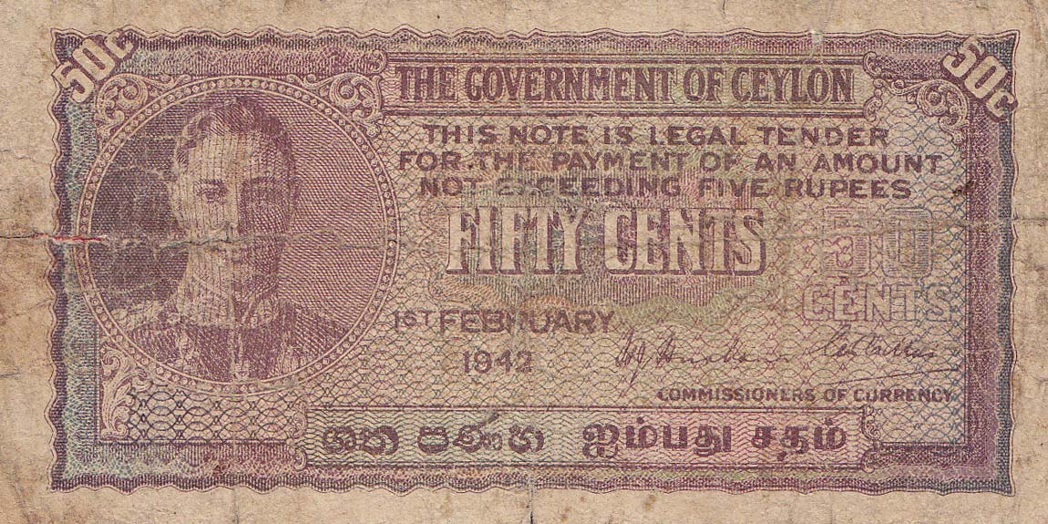 Front of Ceylon p45a: 50 Cents from 1942