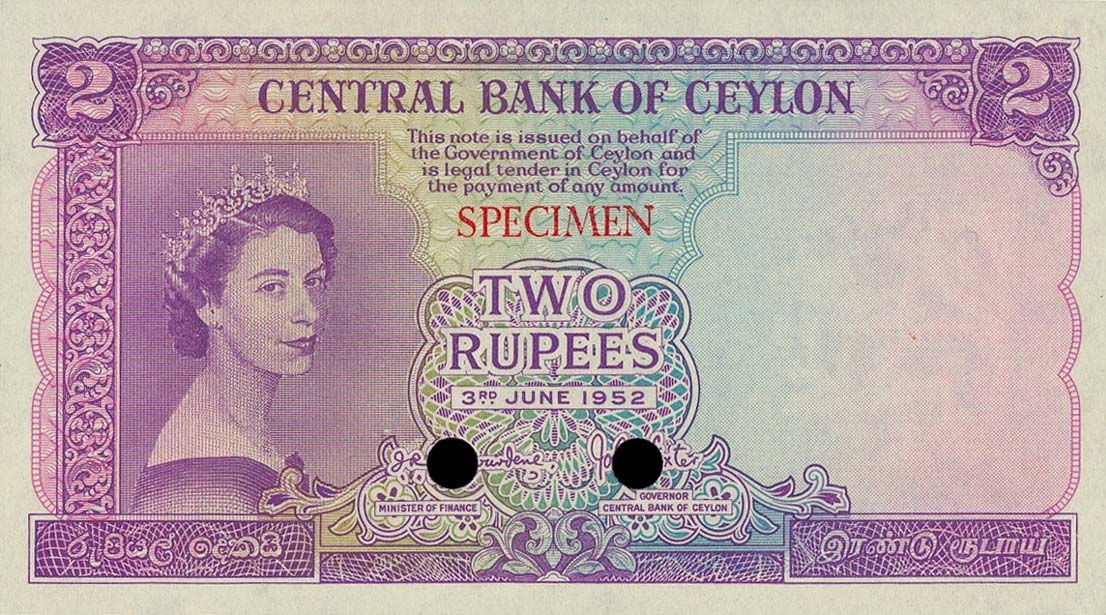 Front of Ceylon p50ct: 2 Rupees from 1952